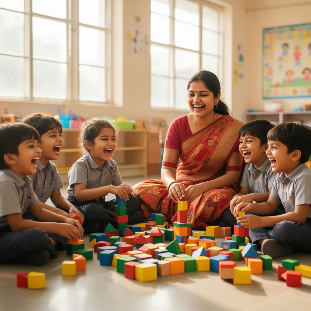 Kids laughing while playing with building blocks