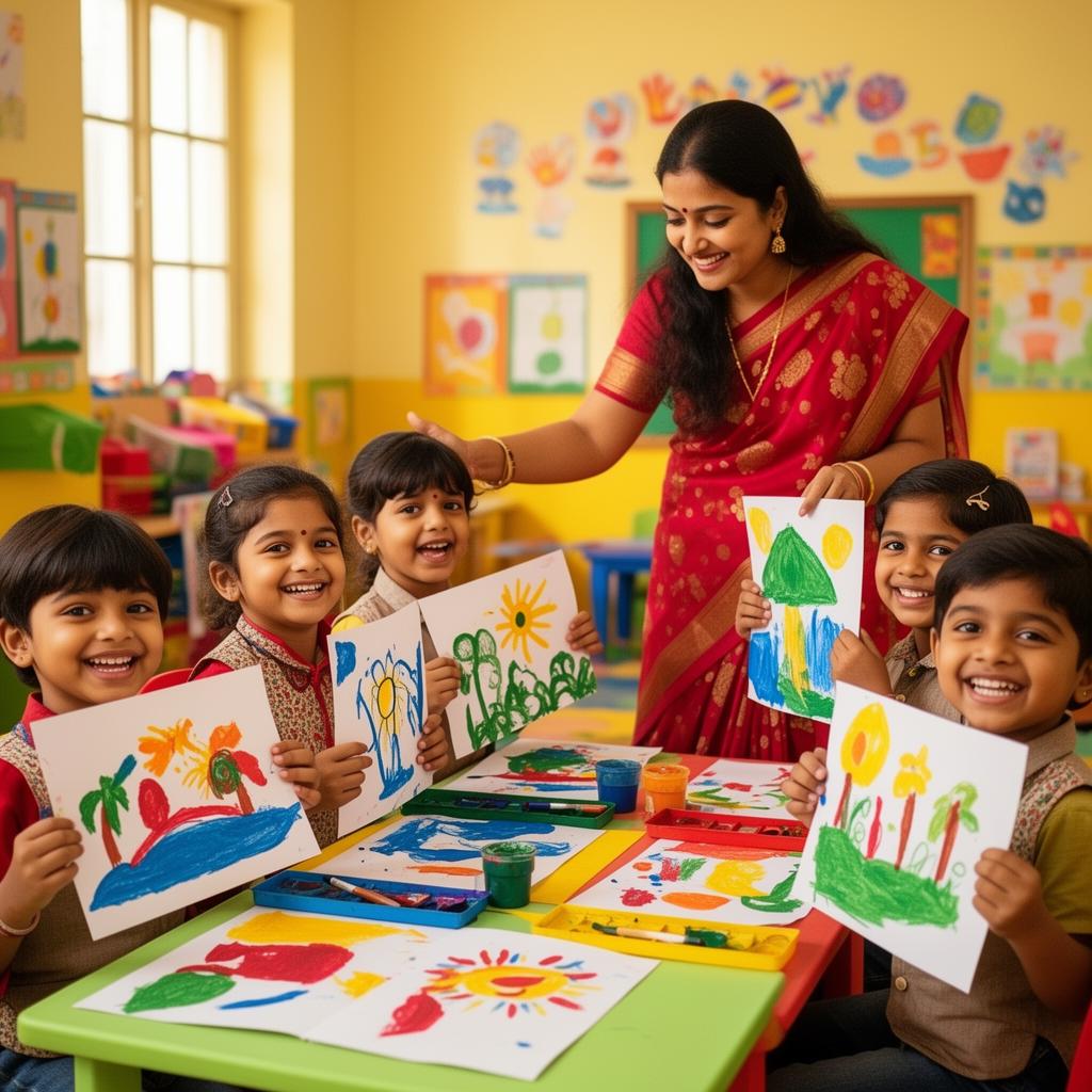 Students proudly holding up their paintings