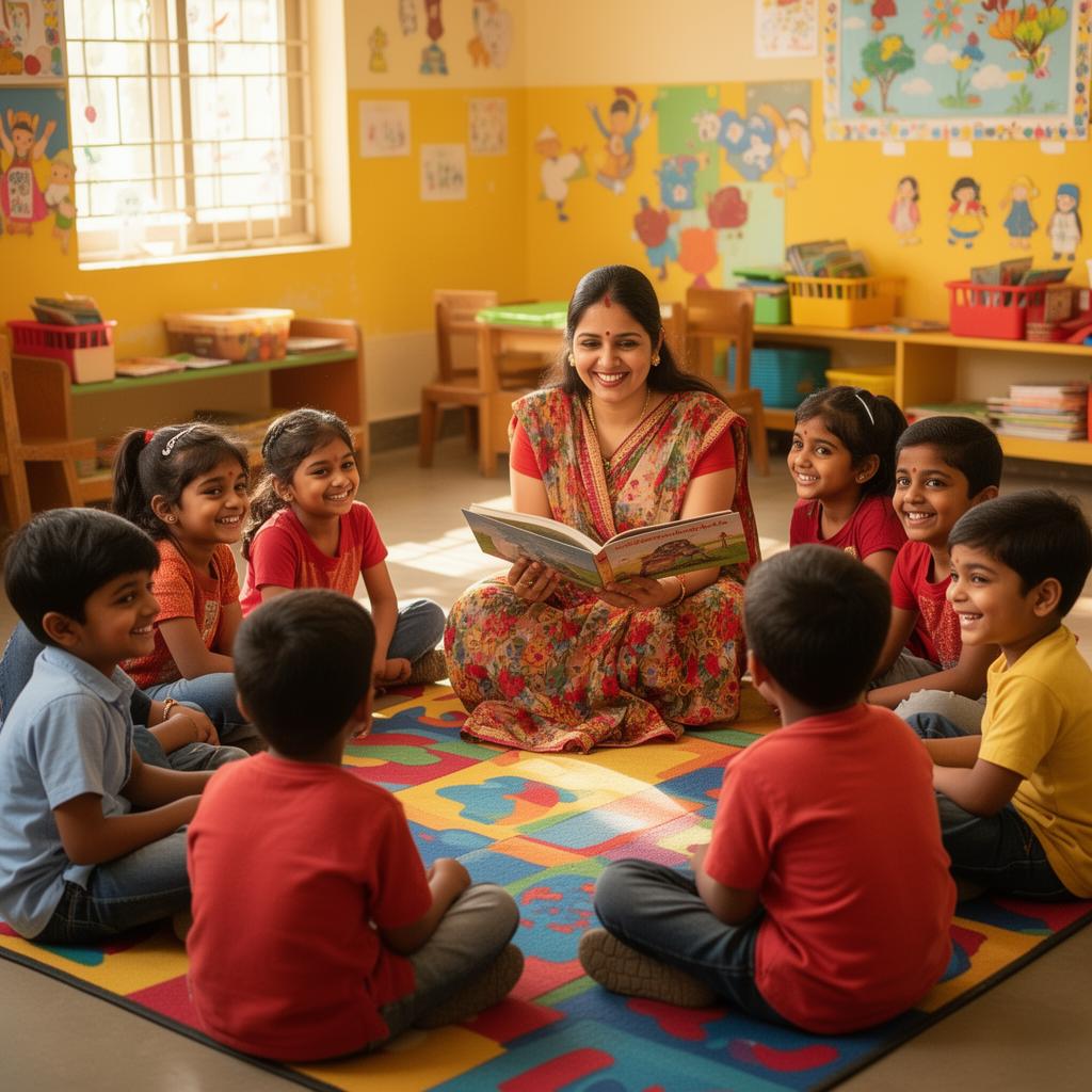 Teacher reading a storybook to children in a circle